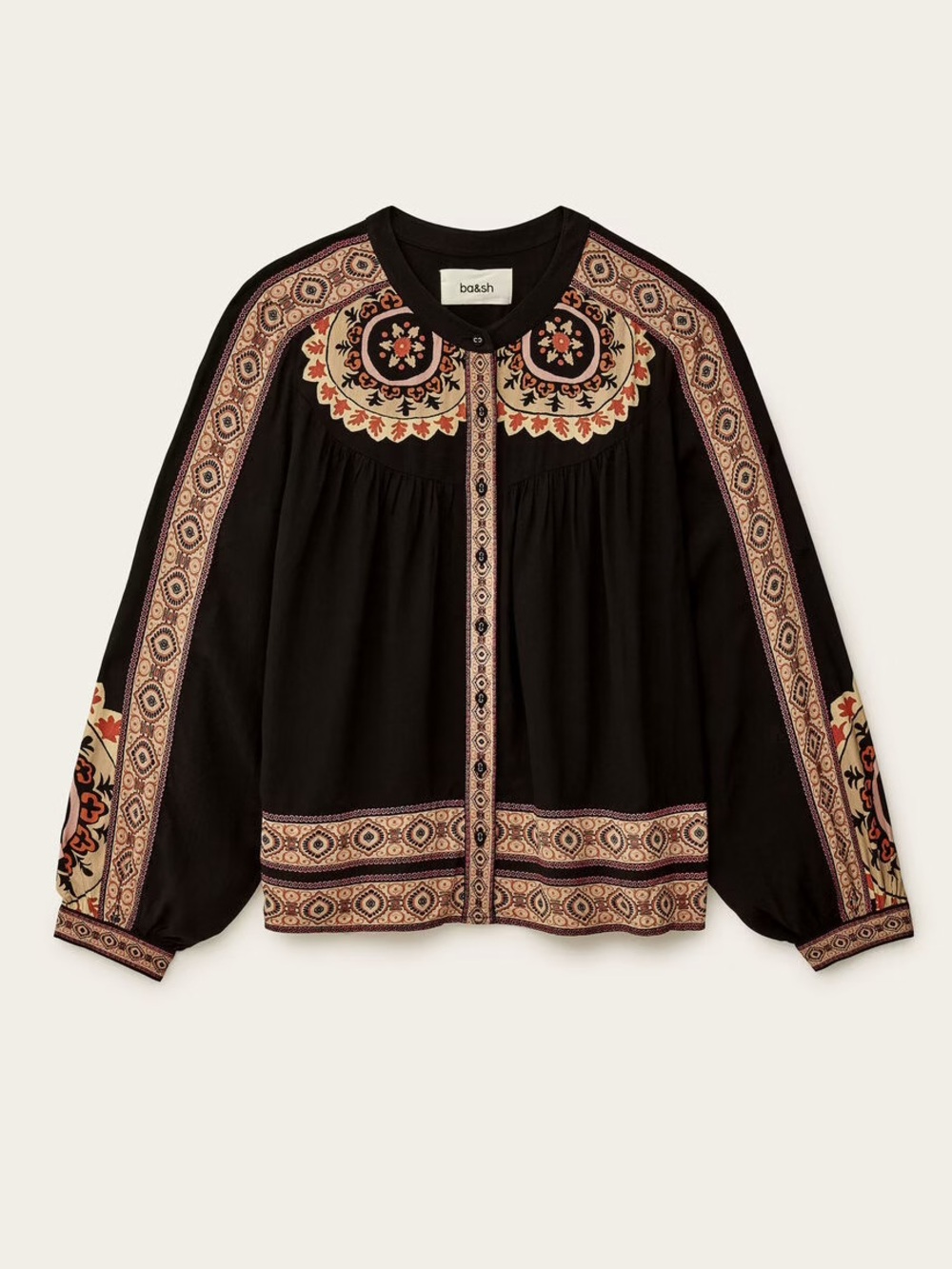 ba&sh Valda Black Loose Patterned Boho Button-Front Tunic Size Medium